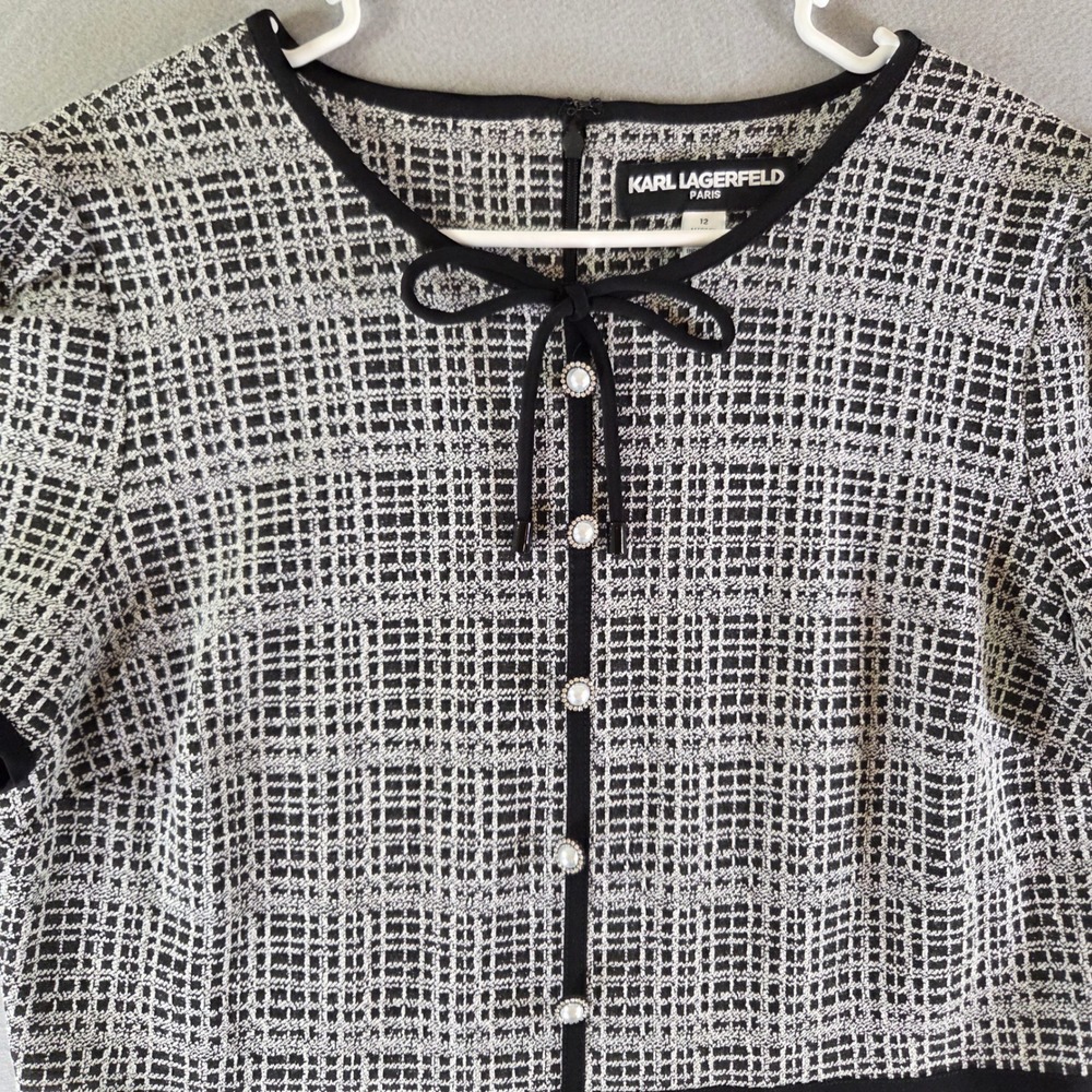 Karl Lagerfeld Paris Black White Tweed Pearl Button A-line Dress Bow Chanel 12 - Picture 2 of 11
